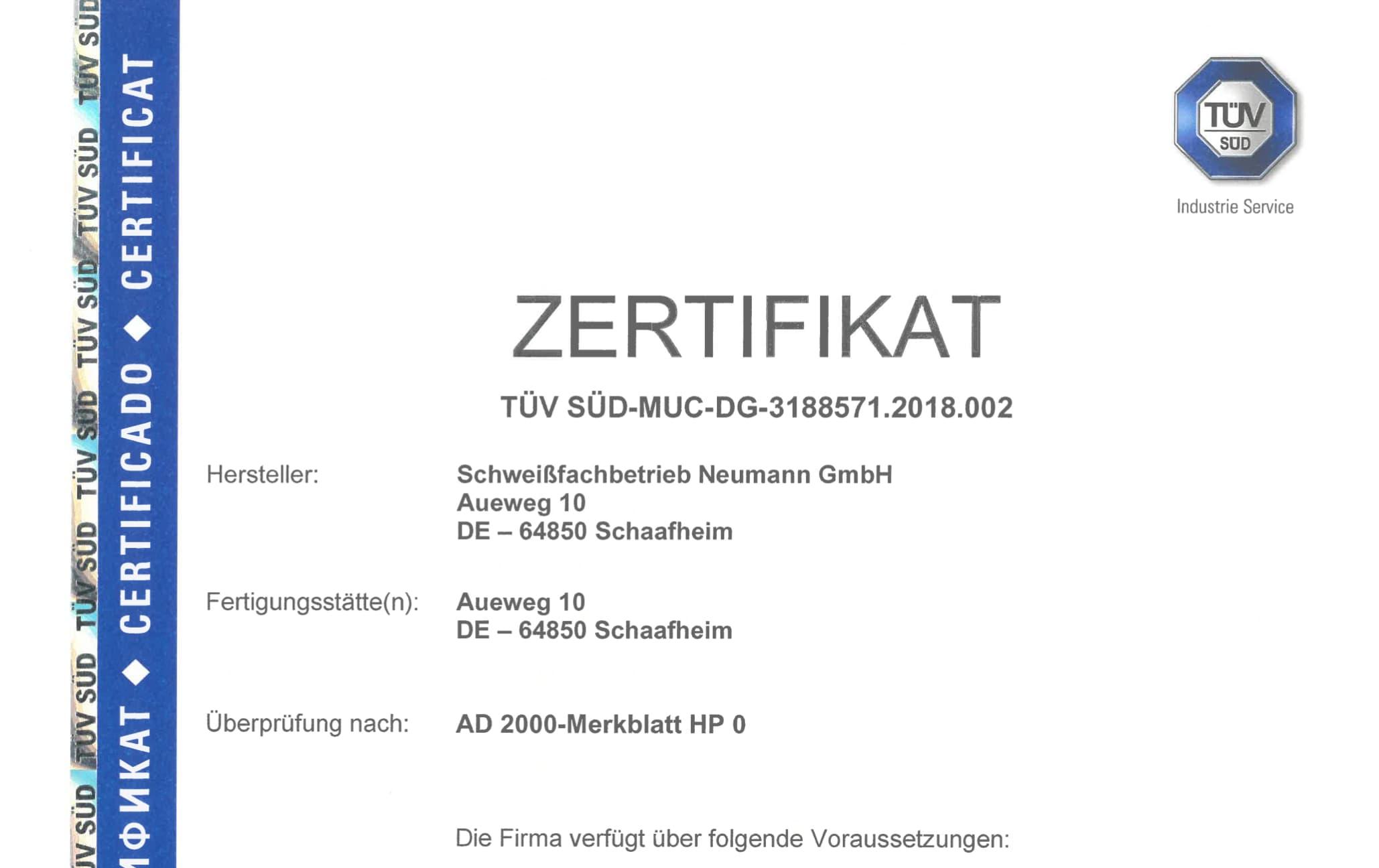 AD 2000 - Merkblatt HD0 Zertifikat