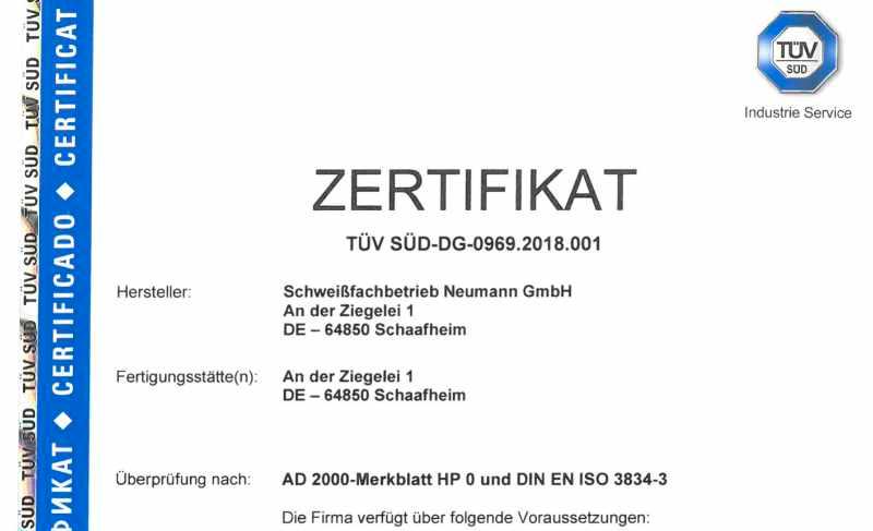 AD 2000 - Merkblatt HP0 und DIN EN ISO 3834-3 Zertifikat