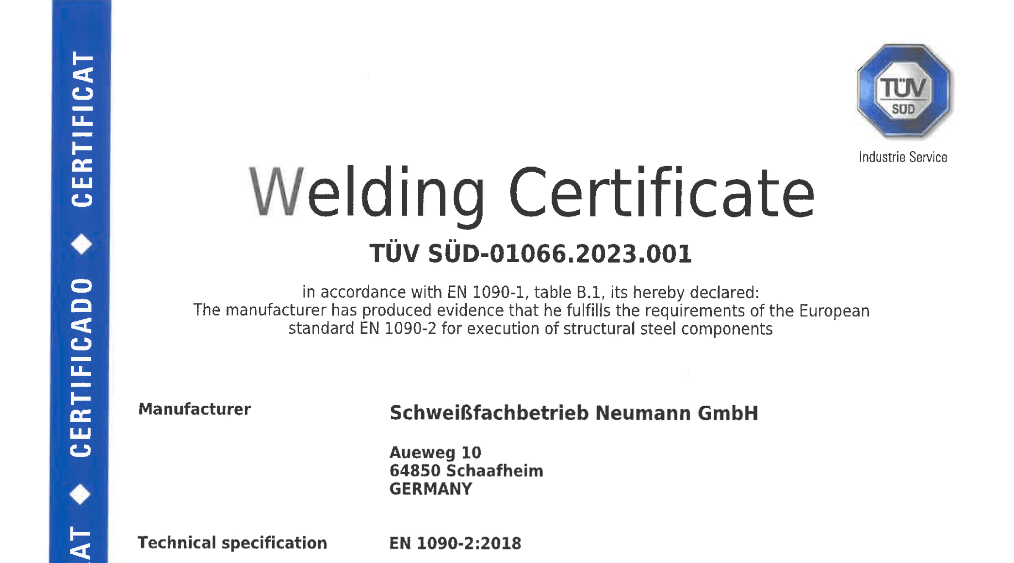 Welding Certificate EXC2 according to EN 1090-2 Zertifikat